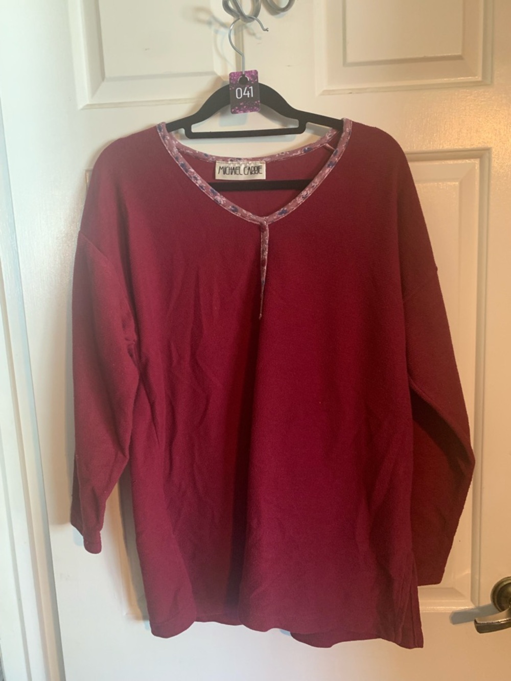 Michael Carrie Burgundy V-Neck Knit Cardigan with Floral Trim